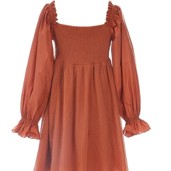 NWT Chelsea Violet Girls Mixed Media Puff Sleeve Smocked Back Dress in Rust - Picture 5 of 10